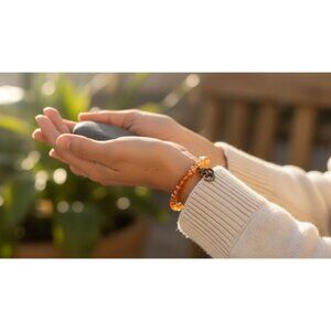 Aurora Borealis Beaded Stretch‎ Bracelet Ohm Charm Yoga Jewelry Orange Brass